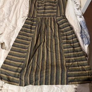 Anthropologie Maple Striped A-Line Strapless Dress in Olive and Navy